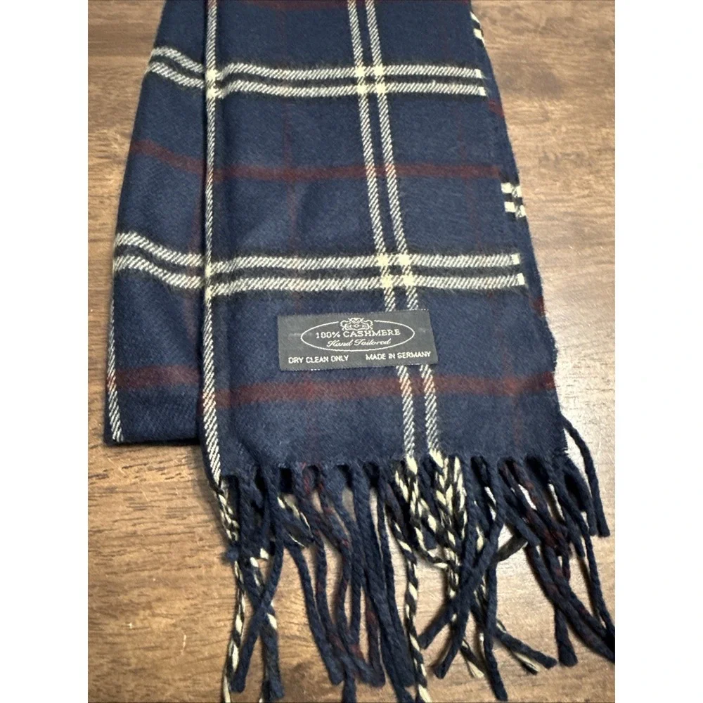 100% Cashmere Hand Tailored Navy Plaid Winter Scarf Tartan 12x60 Germany